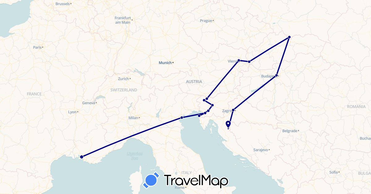 TravelMap itinerary: driving in Austria, France, Croatia, Hungary, Italy, Poland, Slovenia, Slovakia (Europe)